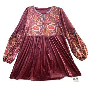 Ursime Floral Boho Dress/Shirt Pink Long Sleeve Shiny Babydoll Peasant Style XL